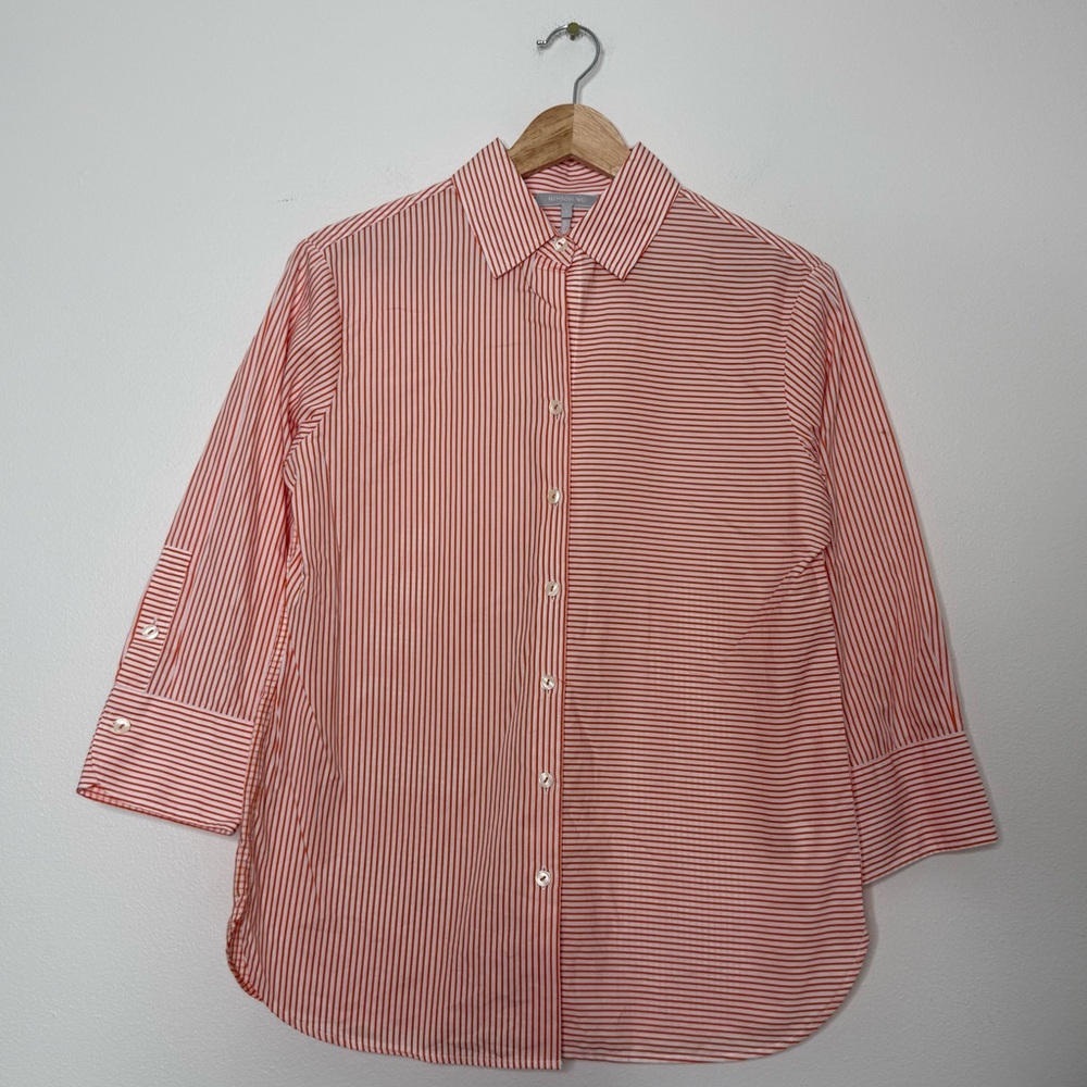 Hinson Wu Striped 3/4 Sleeve Button Down Poplin 100% Cotton Blouse size 2 xs